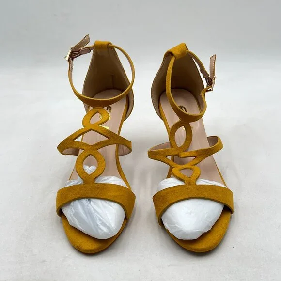 FSJ Yellow Strappy Ankle Strap Open Toe High Heel Caged Cutout T-Strap Sandals - Picture 3 of 8